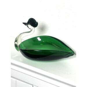 Vintage Norcrest Handblown Art Glass Emerald Green Swan Ashtray Trinket Dish